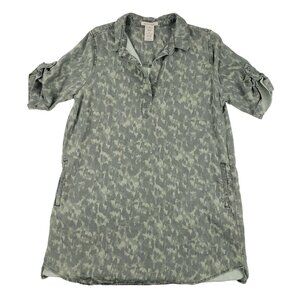 Philosophy Women's XL Camo Pattern V-Neck Shirt Dress Pockets Green Tencel